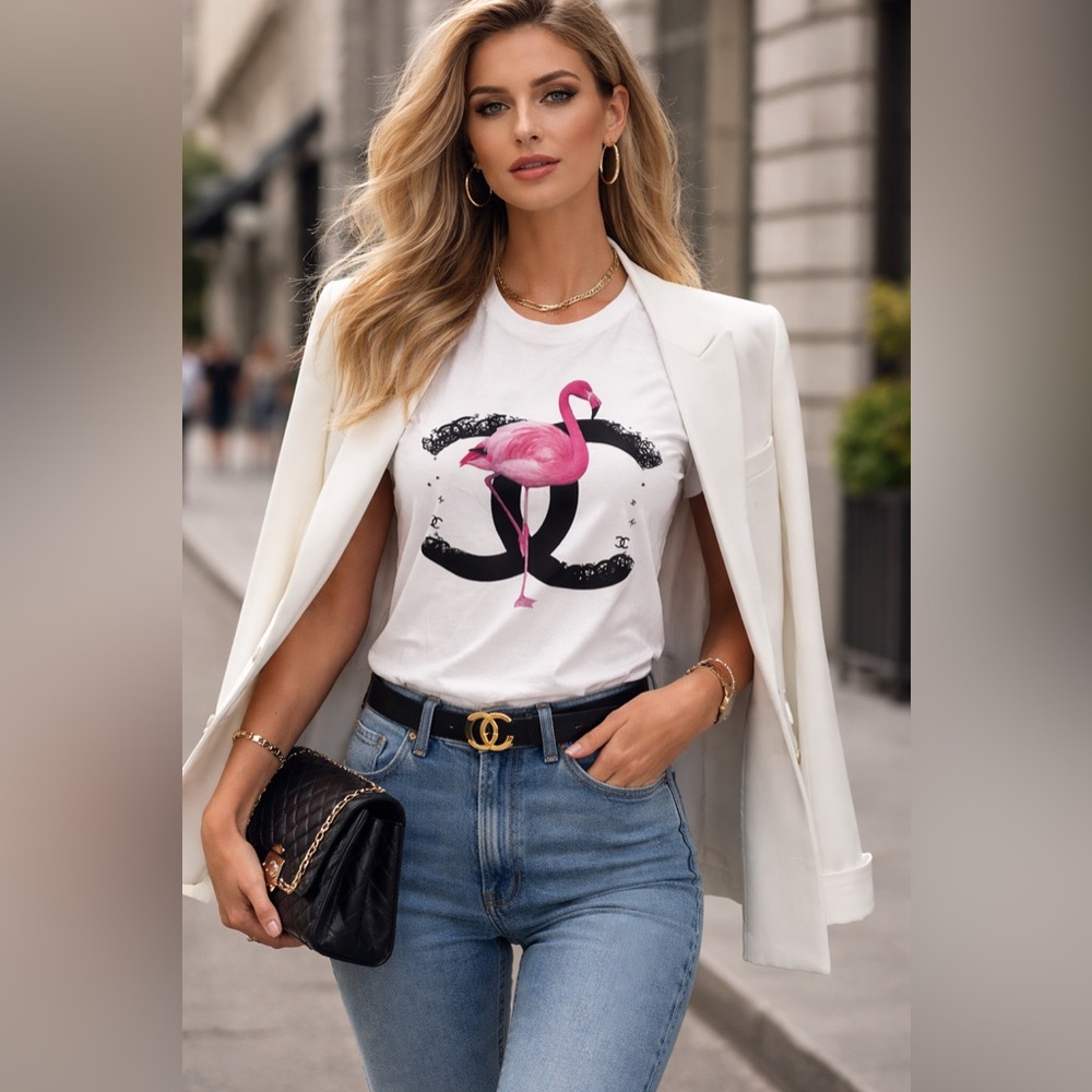 Chic Flamingo Influencer Graphic Tee | Luxury Inspired Logo | Effortless Chic - Picture 11 of 11